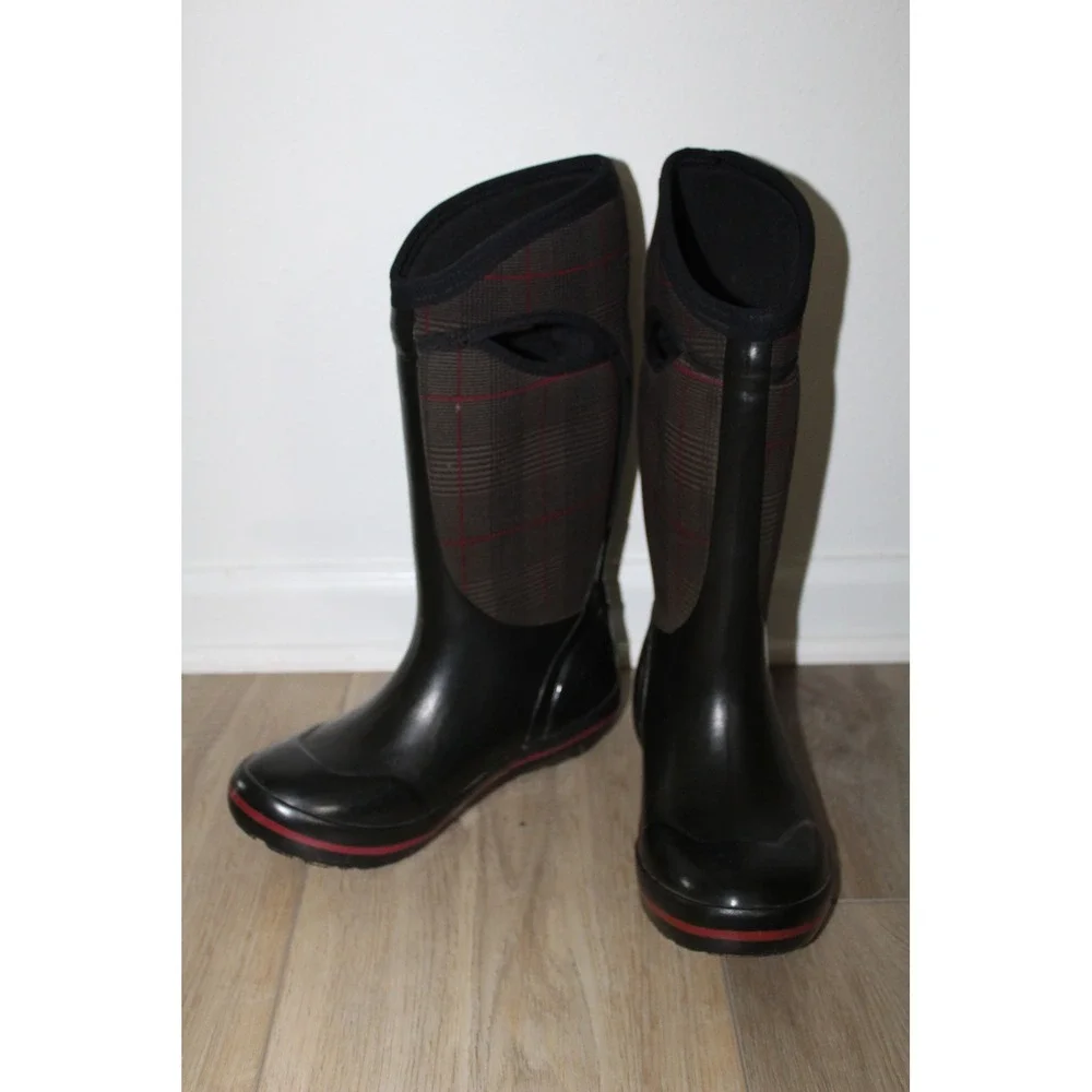 Bogs Prince of Wales Plaid Waterproof Rain Boots Black Grey Red Wellies Womens 8